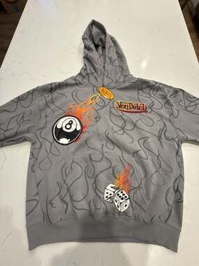 Von Dutch Gray Flame 8-Ball and Dice Graphic Pullover Hoodie Sweatshirt